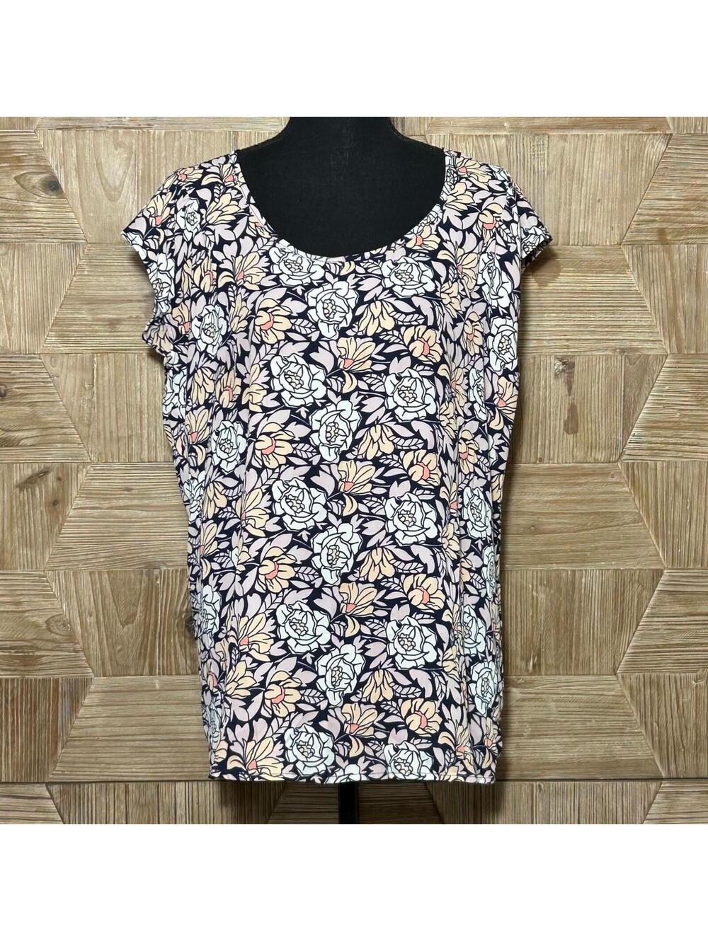 Pleione Women's Cottage Floral Cap Sleeve Blouse Navy Blue White PS GrandmaCore